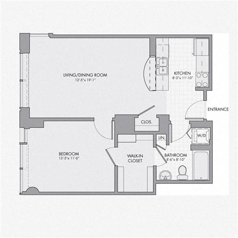 Floor plan for 1 bed, 1 bath, 769 sqft