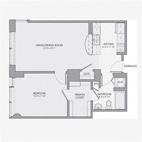 Floor plan for 1 bed, 1 bath, 769 sqft