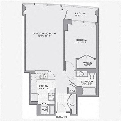 Floor plan for 1 bed, 1 bath, 832 sqft