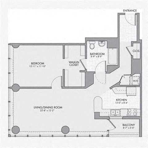 Floor plan for 1 bed, 1 bath, 979 sqft