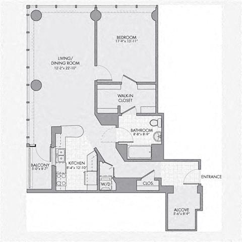 Floor plan for 1 bed, 1 bath, 1053 sqft