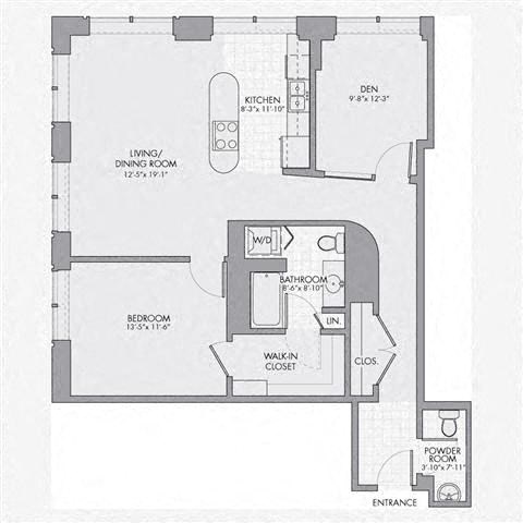 Floor plan for 1 bed, 1.5 baths, 1114 sqft