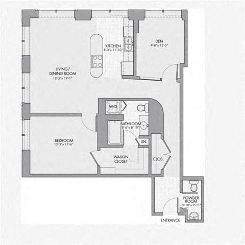 Floor plan for 1 bed, 1.5 baths, 1114 sqft