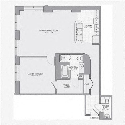 Floor plan for 1 bed, 1.5 baths, 1114 sqft