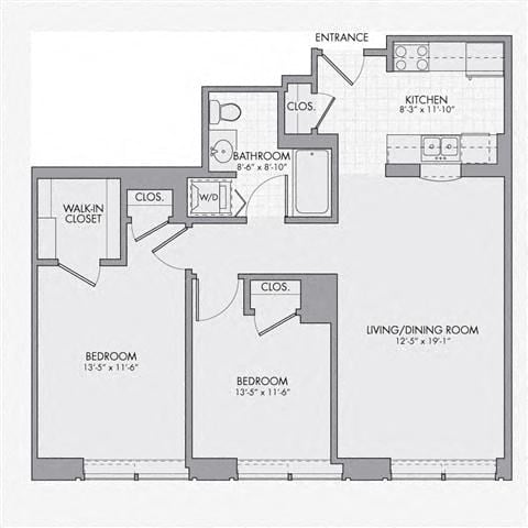Floor plan for 2 beds, 1 bath, 923 sqft