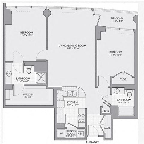 Floor plan for 2 beds, 2 baths, 1220 sqft