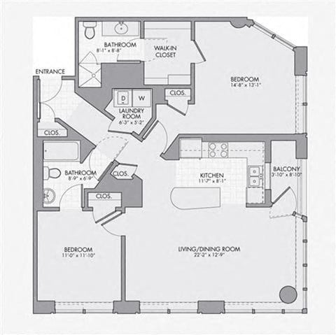 Floor plan for 2 beds, 2 baths, 1235 sqft