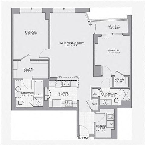 Floor plan for 2 beds, 2 baths, 1247 sqft