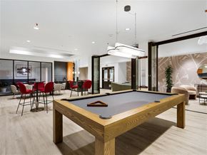 Los Angeles apartment for rent - A pool table is in the middle of a room with a red chair and a plant.