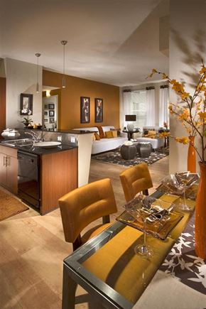 Los Angeles apartment for rent - A modern kitchen with a dining table set for four.