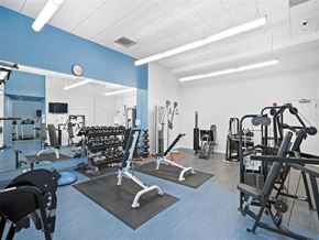 Cambridge apartment for rent - The community gym located in 91 Sidney for all residents of The Residences of University Park. The image shows a variety of equipment including free weights, machine weights, and cardio machines.