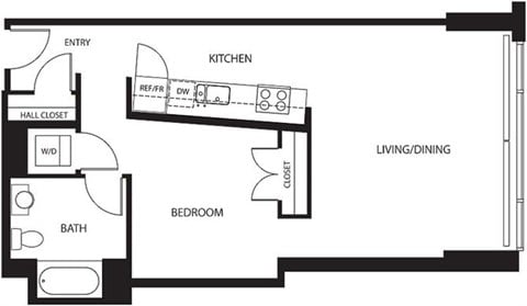 Floor plan for 1 bed, 1 bath, 742 sqft