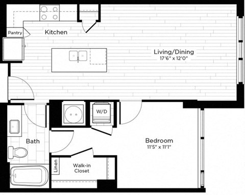 Floor plan for 1 bed, 1 bath, 690 sqft
