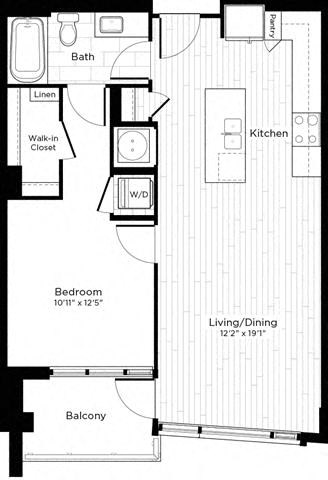 Floor plan for 1 bed, 1 bath, 723 sqft