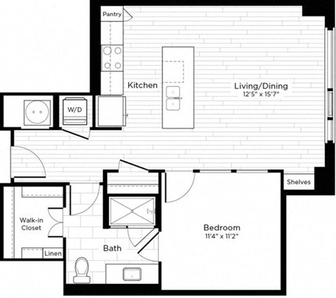 Floor plan for 1 bed, 1 bath, 723 sqft