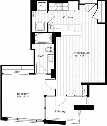 Floor plan for 1 bed, 1 bath, 724 sqft