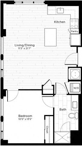 Floor plan for 1 bed, 1 bath, 725 sqft