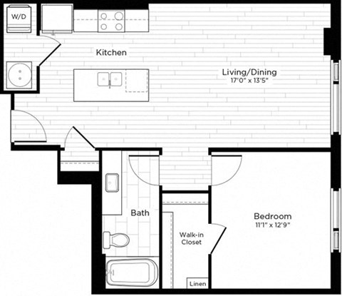 Floor plan for 1 bed, 1 bath, 730 sqft