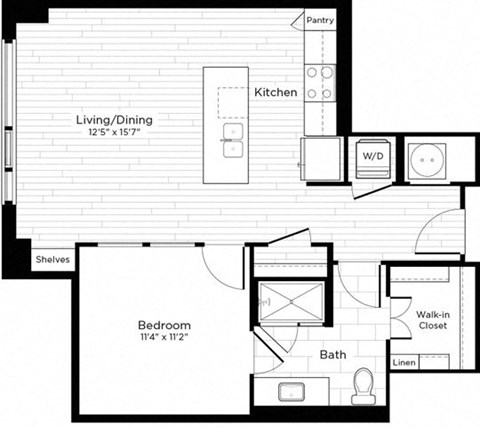Floor plan for 1 bed, 1 bath, 741 sqft