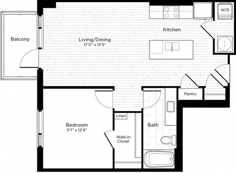 Floor plan for 1 bed, 1 bath, 746 sqft