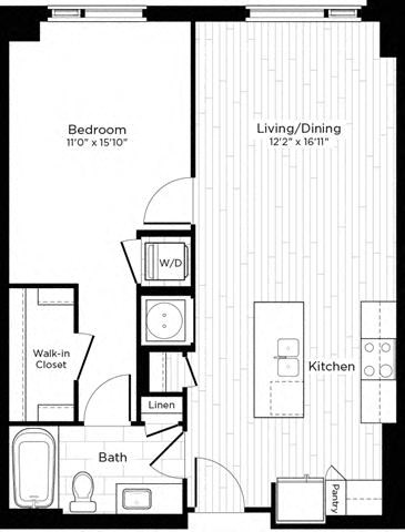 Floor plan for 1 bed, 1 bath, 752 sqft