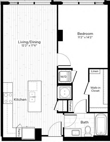 Floor plan for 1 bed, 1 bath, 753 sqft