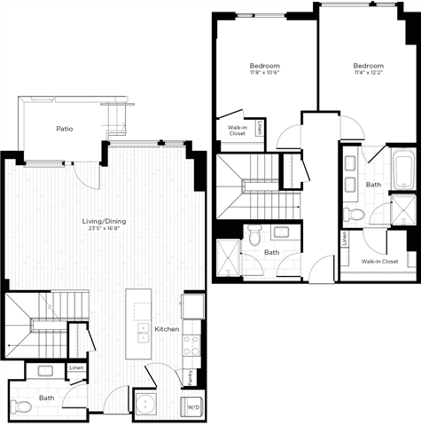 Floor plan for 2 beds, 2.5 baths, 1433 sqft