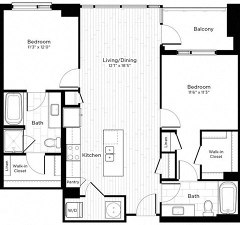 Floor plan for 2 beds, 2 baths, 1034 sqft