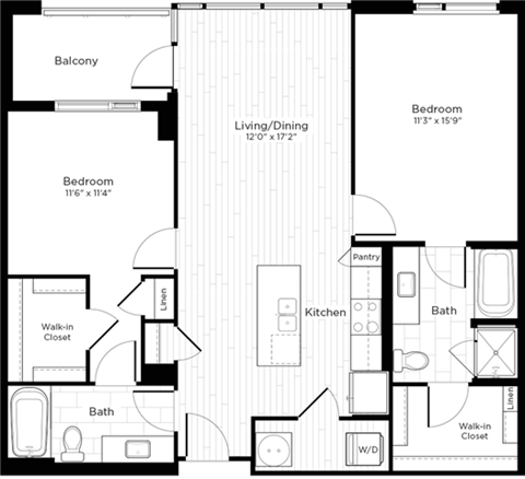Floor plan for 2 beds, 2 baths, 1080 sqft