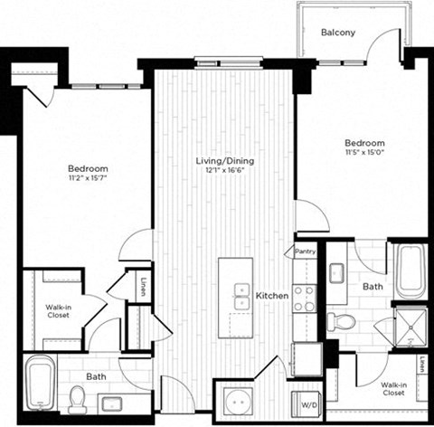 Floor plan for 2 beds, 2 baths, 1116 sqft