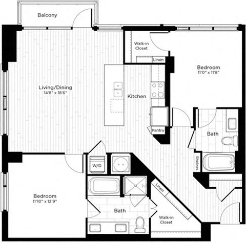Floor plan for 2 beds, 2 baths, 1163 sqft