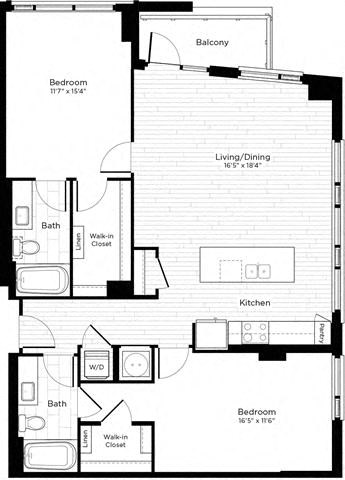 Floor plan for 2 beds, 2 baths, 1206 sqft