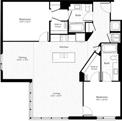 Floor plan for 2 beds, 2 baths, 1249 sqft