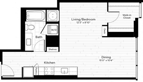 Floor plan for studio, 1 bath, 563 sqft