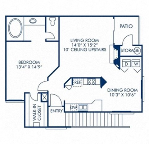 Floor plan for 1 bed, 1 bath, 814 sqft