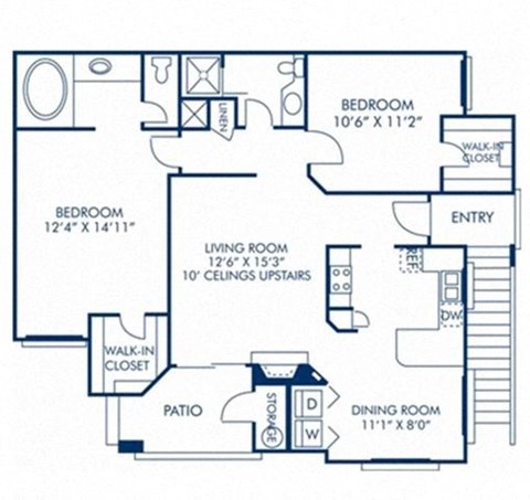 Floor plan for 2 beds, 2 baths, 1115 sqft