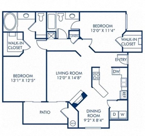 Floor plan for 2 beds, 2 baths, 1125 sqft