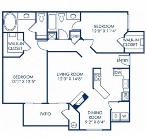 Floor plan for 2 beds, 2 baths, 1125 sqft