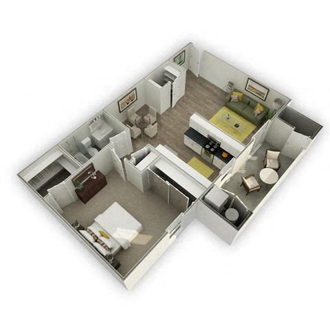 Floor plan for 1 bed, 1 bath, 740 sqft