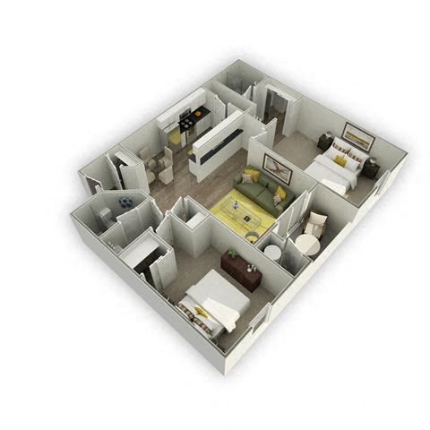 Floor plan for 2 beds, 2 baths, 960 sqft