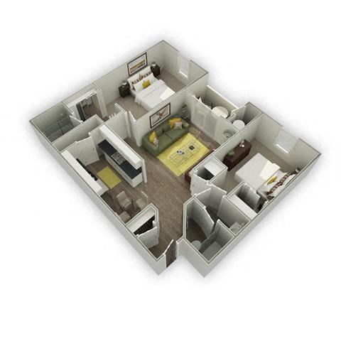 Floor plan for 2 beds, 2 baths, 960 sqft