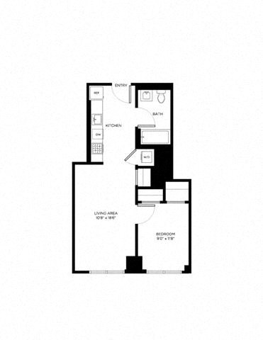 Floor plan for 1 bed, 1 bath, 590 sqft