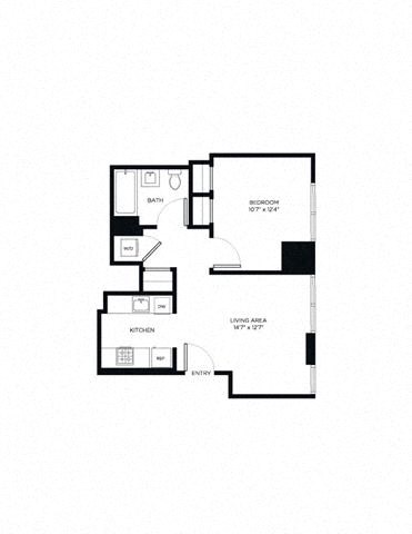 Floor plan for 1 bed, 1 bath, 607 sqft
