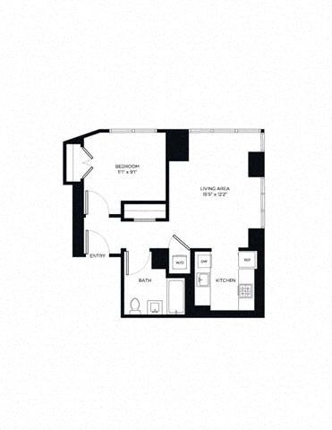 Floor plan for 1 bed, 1 bath, 625 sqft