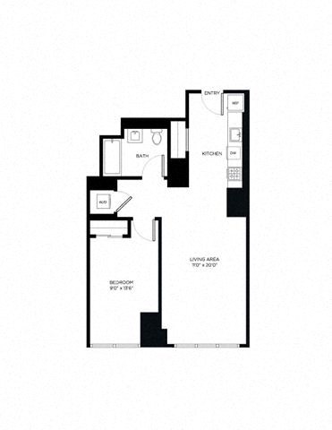 Floor plan for 1 bed, 1 bath, 638 sqft