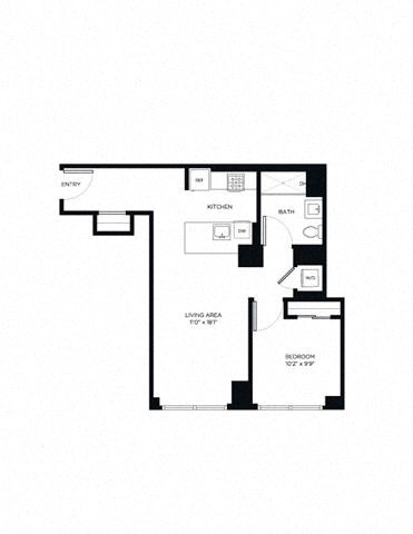 Floor plan for 1 bed, 1 bath, 667 sqft
