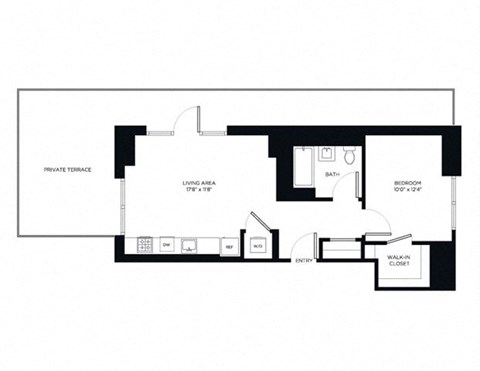 Floor plan for 1 bed, 1 bath, 667 sqft
