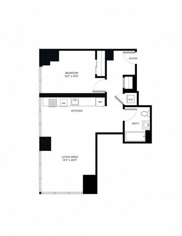 Floor plan for 1 bed, 1 bath, 697 sqft