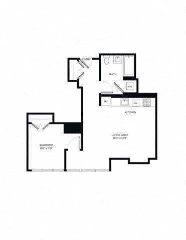 Floor plan for 1 bed, 1 bath, 701 sqft
