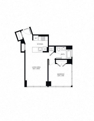 Floor plan for 1 bed, 1 bath, 730 sqft